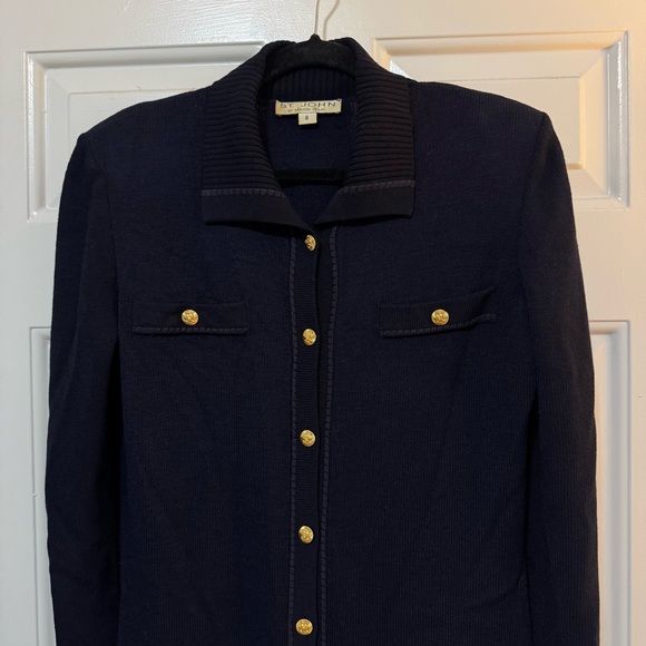 VTG  St. John by Marie Gray Black Navy Santana Knit Dress Gold Buttons Size 8 - Picture 3 of 8